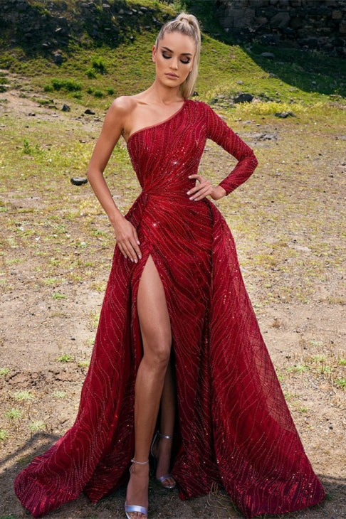 Charming Red Beading One Shoulder Long A-line Prom Dress Split-Ballbella