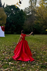 Charming Red Halter Sleeveless A-Line Satin Prom Dress High Split With Pleats Zipper-Ballbella