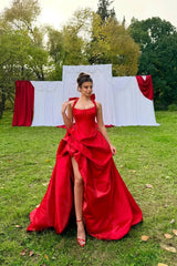 Charming Red Halter Sleeveless A-Line Satin Prom Dress High Split With Pleats Zipper-Ballbella