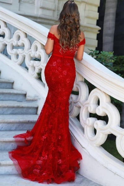 red off the shoulder dress prom Charming Red Off-the-shoulder Mermaid Long Prom Dresses with Glitter