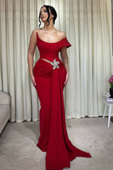 Charming Red One Shoulder Satin Mermaid Prom Dresses Sheath With Pleats Ruffles-Ballbella