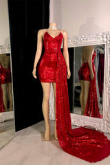 Charming Red Spaghetti-Straps V-Neck Sleeveless Mini Prom Dresses Ruffles With Criss-Cross Back-Ballbella