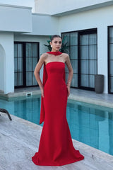 Charming Red Strapless Satin Mermaid Prom Dresses Floor Length Sleeveless On Sale-Ballbella