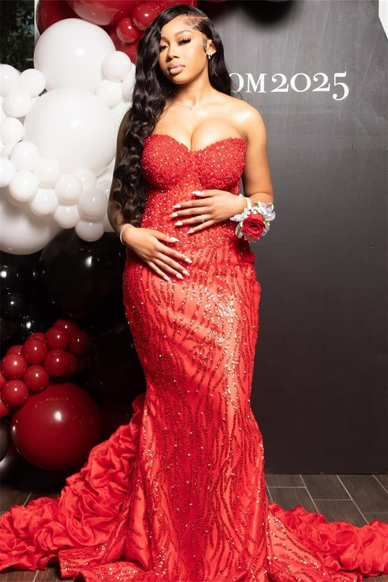 Charming Red Sweetheart Strapless Sleeveless Prom Dresses Mermaid Column with Beading