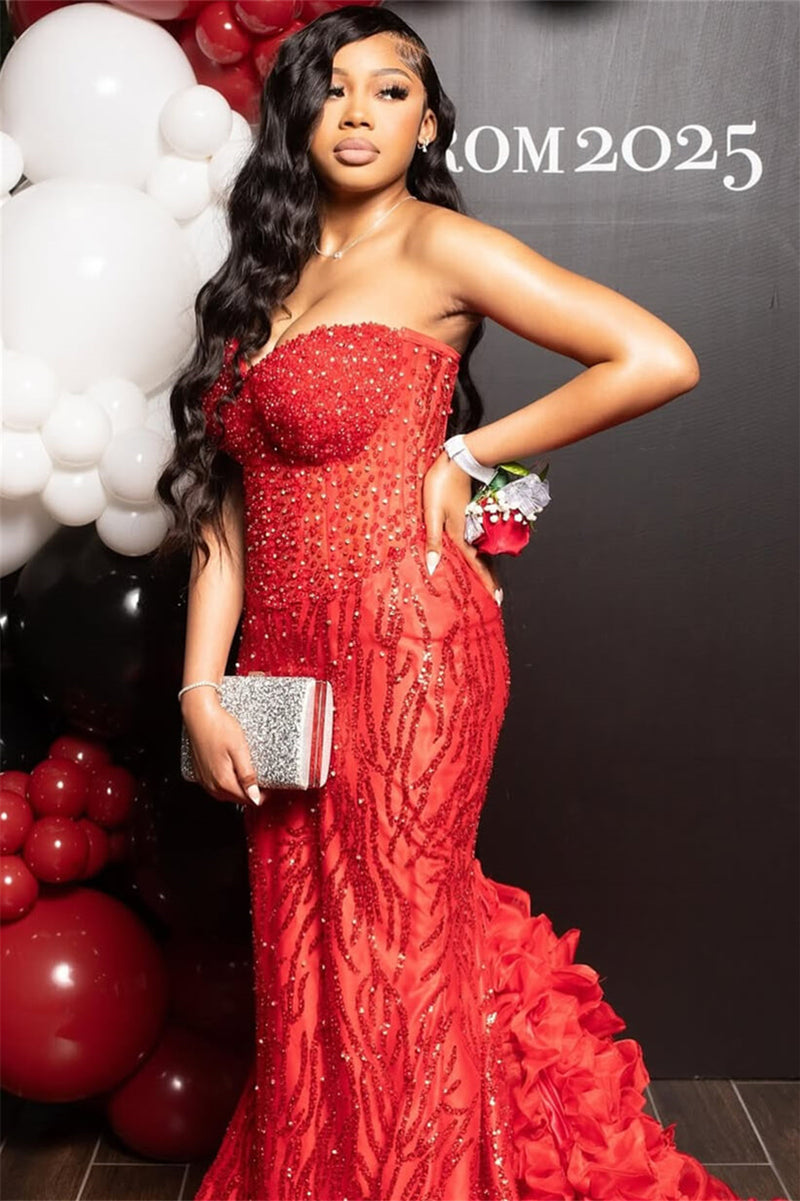 Charming Red Sweetheart Strapless Sleeveless Prom Dresses Mermaid Column with Beading Charming Red Sweetheart Strapless Sleeveless Prom Dresses Mermaid Column with Beading