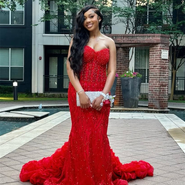 red sweetheart mermaid dress Chic Long Red Sweetheart Sleeveless Mermaid Prom Dress with Rhinestone   misshow.com