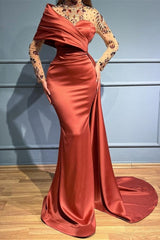 Charming Russet One Shoulder Stretch Satin Evening Prom Dresses with Ruffles-Ballbella