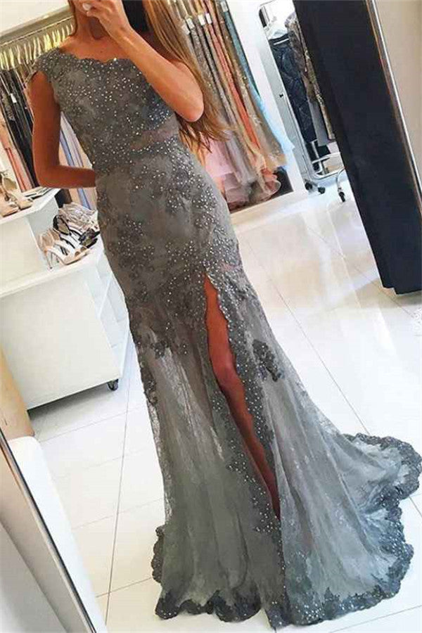 Easily attract others's attention with Ballbella charming lace beading long prom dresses,  all in latest Charming Scoop Beading Lace Prom Party Gowns| Chic Mermaid Front Slit Long Prom Party Gowns design with delicate details.