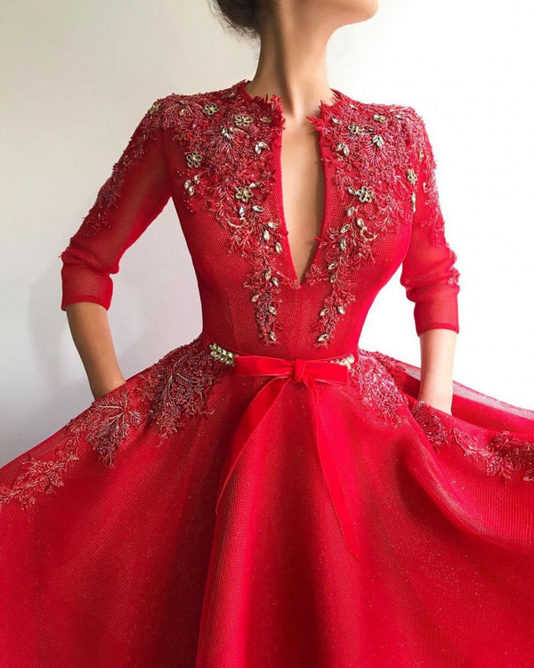 Ballbella has variety of Charming Sequins Tulle V-neck Red Jewel 3/4 Sleeves Appliques Long Prom Party Gowns on sale,  you can find your favorite shinny sequins long prom dresses here,  and we promise you the very best quality.