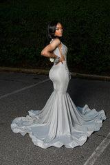 Charming Silver Sweetheart Straps Sleeveless Mermaid Prom Dresses Column With Gem-Ballbella