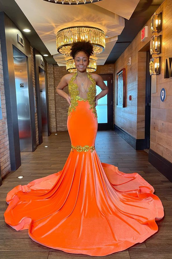 Charming Sleeveless Halter Backless Mermaid Prom Dress With Gold Beading-Ballbella