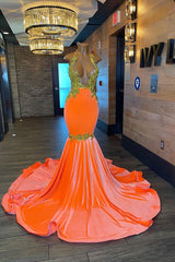 Charming Sleeveless Halter Backless Mermaid Prom Dress With Gold Beading-Ballbella