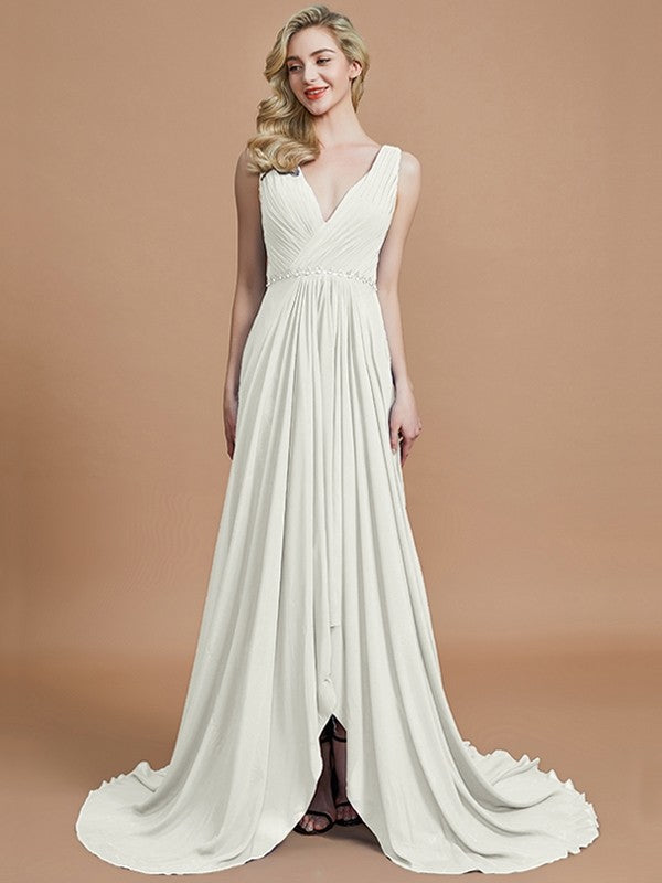 A-Line Charming Sleeveless V-neck Chiffon Bridesmaid Dresses