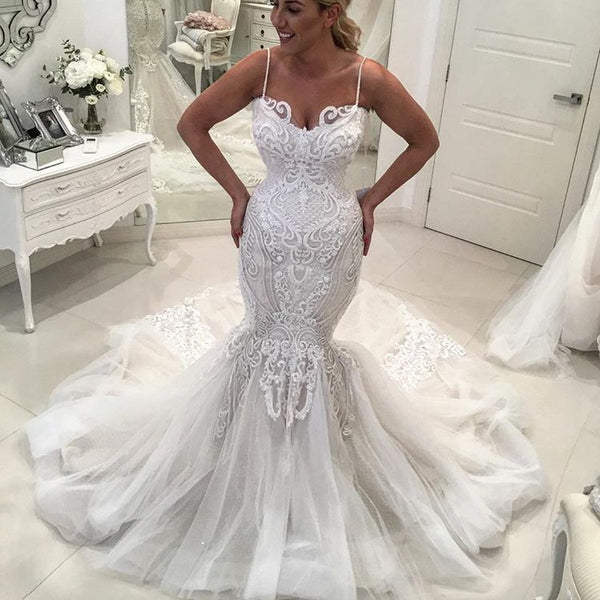 Inspired by this wedding dress at ballbella.com,Mermaid style, and Amazing Lace work? We meet all your need with this Classic Charming Spaghetti-Straps Lace Wedding Dresses latest Mermaid Long Tulle Bridal Gowns.