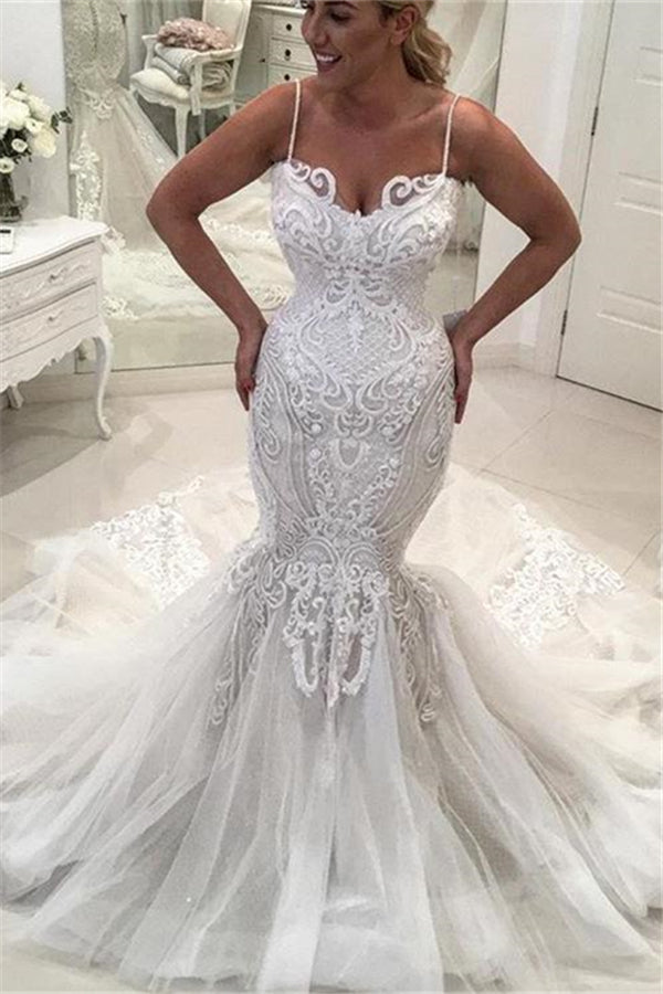 Charming Spaghetti Straps Lace Wedding DressesNew Arrival Mermaid Long Tulle Bridal Gowns-Ballbella