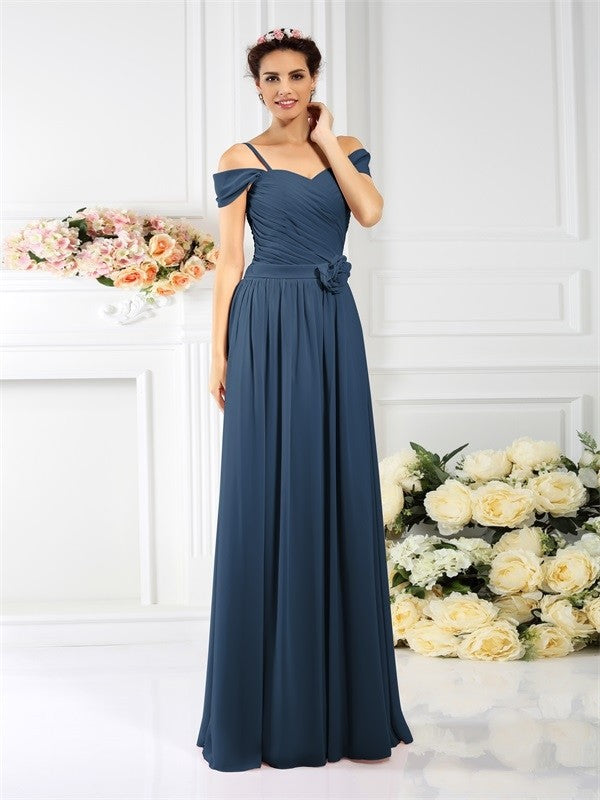 Charming Spaghetti Straps Pleats Sleeveless Long Chiffon Bridesmaid Dresses-Ballbella