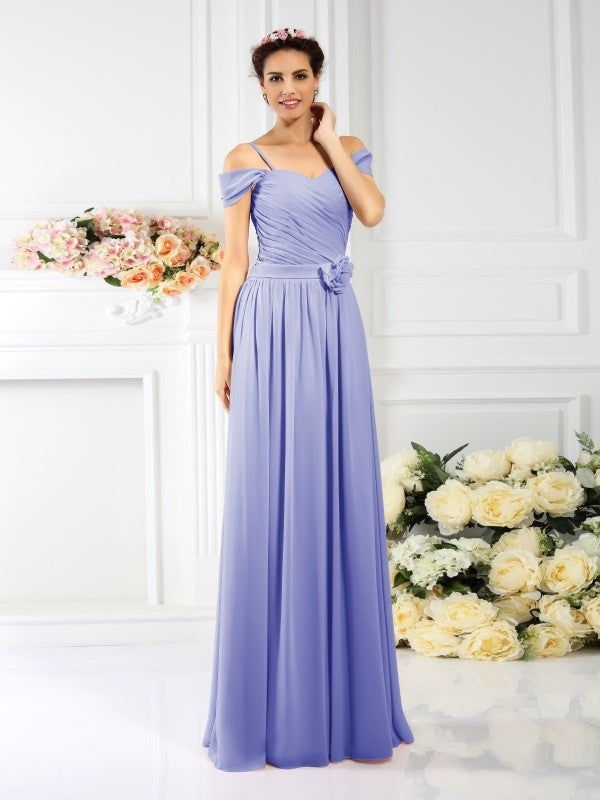 Charming Spaghetti Straps Pleats Sleeveless Long Chiffon Bridesmaid Dresses-Ballbella