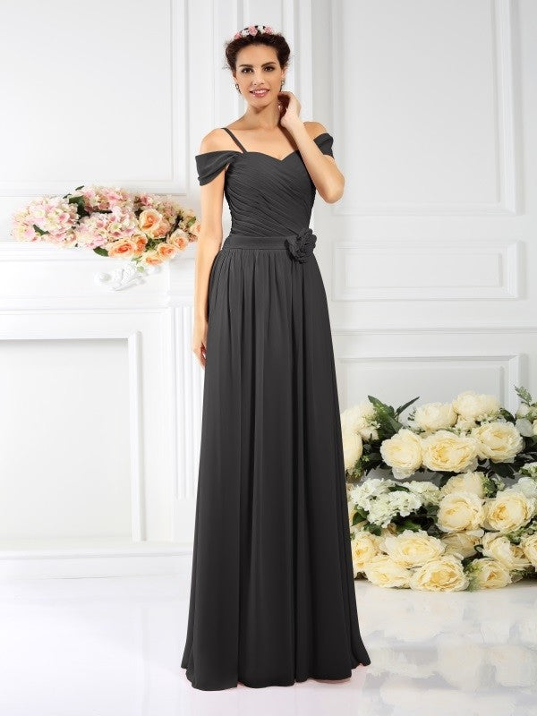 Charming Spaghetti Straps Pleats Sleeveless Long Chiffon Bridesmaid Dresses-Ballbella