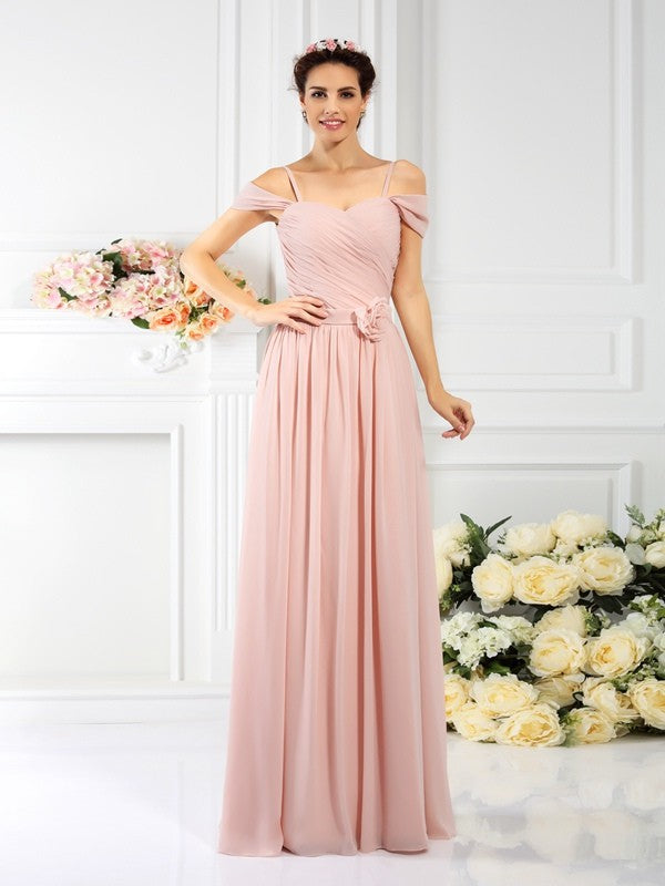 Charming Spaghetti Straps Pleats Sleeveless Long Chiffon Bridesmaid Dresses-Ballbella