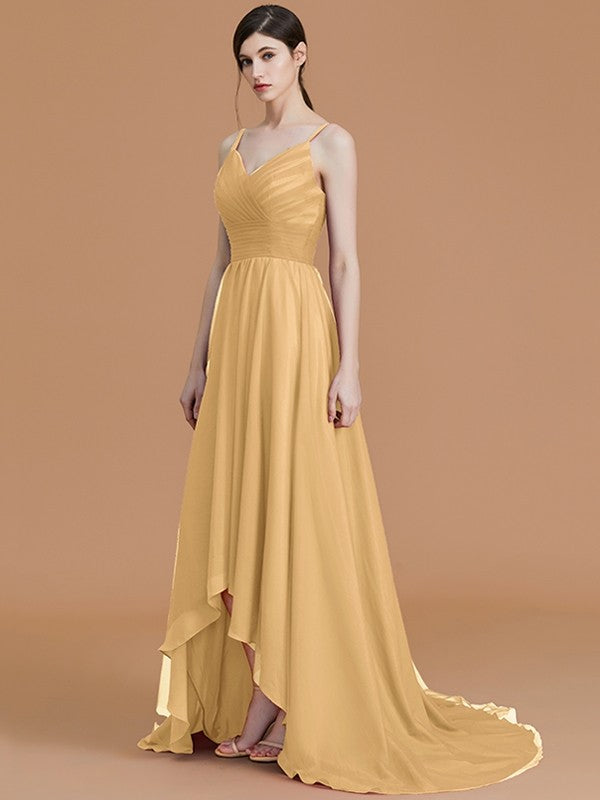 Charming Spaghetti Straps Sleeveless Asymmetrical Ruffles Chiffon Bridesmaid Dresses-Ballbella