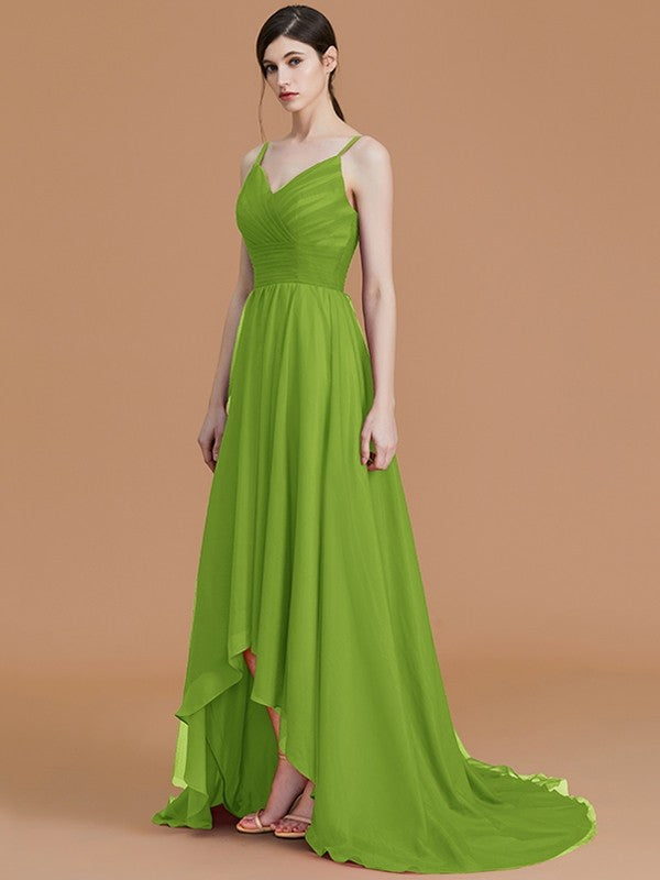 Charming Spaghetti Straps Sleeveless Asymmetrical Ruffles Chiffon Bridesmaid Dresses-Ballbella