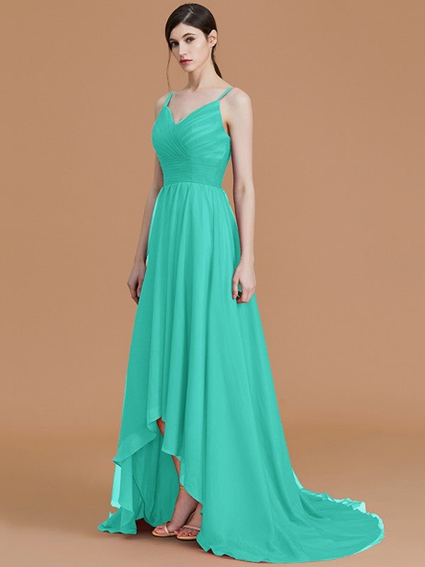 Charming Spaghetti Straps Sleeveless Asymmetrical Ruffles Chiffon Bridesmaid Dresses-Ballbella