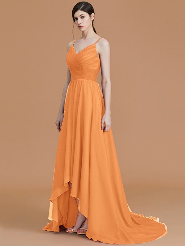 Charming Spaghetti Straps Sleeveless Asymmetrical Ruffles Chiffon Bridesmaid Dresses-Ballbella