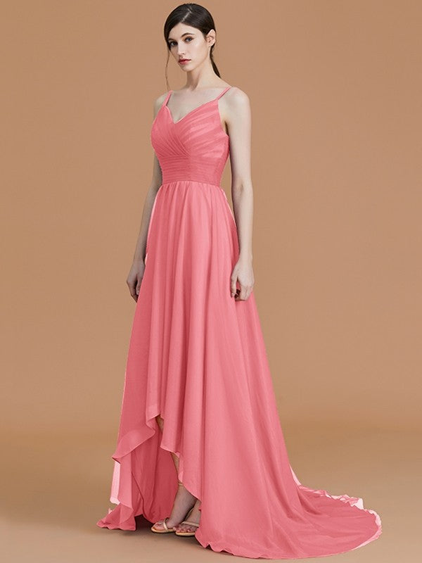 Charming Spaghetti Straps Sleeveless Asymmetrical Ruffles Chiffon Bridesmaid Dresses-Ballbella
