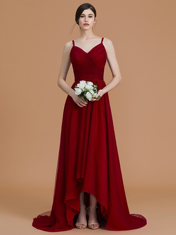 Charming Spaghetti Straps Sleeveless Asymmetrical Ruffles Chiffon Bridesmaid Dresses-Ballbella