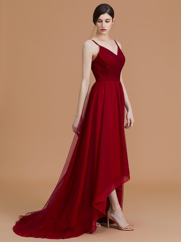 Charming Spaghetti Straps Sleeveless Asymmetrical Ruffles Chiffon Bridesmaid Dresses-Ballbella