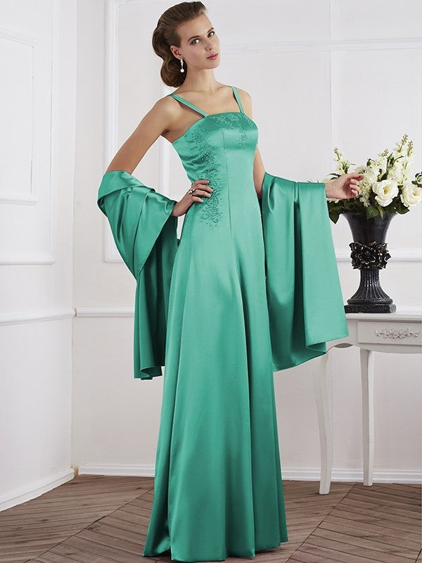 A-Line Charming Spaghetti Straps Sleeveless Beading Long Elastic Woven Satin Mother of the Bride Dresses