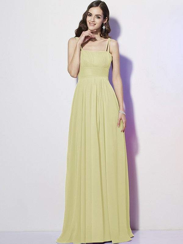 Charming Spaghetti Straps Sleeveless Pleats Long Chiffon Bridesmaid Dresses-Ballbella