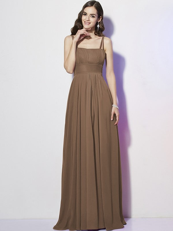 Charming Spaghetti Straps Sleeveless Pleats Long Chiffon Bridesmaid Dresses-Ballbella