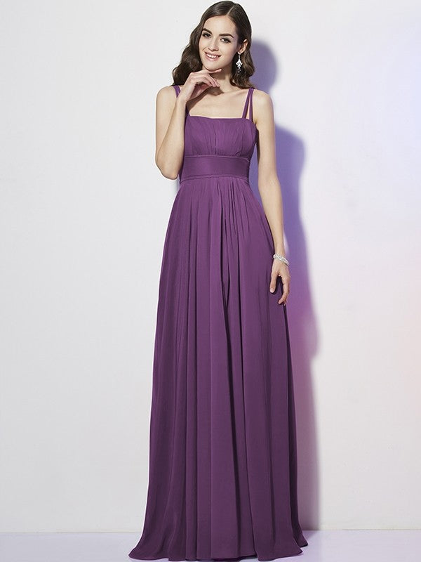 Charming Spaghetti Straps Sleeveless Pleats Long Chiffon Bridesmaid Dresses-Ballbella