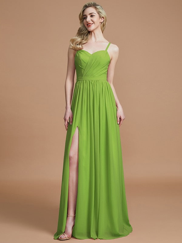 Charming Spaghetti Straps Sleeveless Ruched Chiffon Bridesmaid Dresses-Ballbella