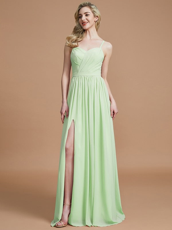 Charming Spaghetti Straps Sleeveless Ruched Chiffon Bridesmaid Dresses-Ballbella