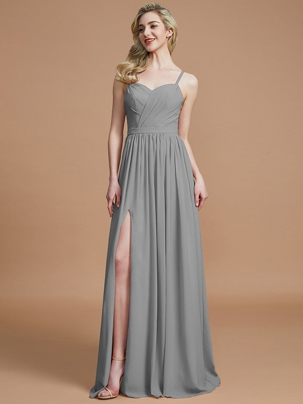 Charming Spaghetti Straps Sleeveless Ruched Chiffon Bridesmaid Dresses-Ballbella