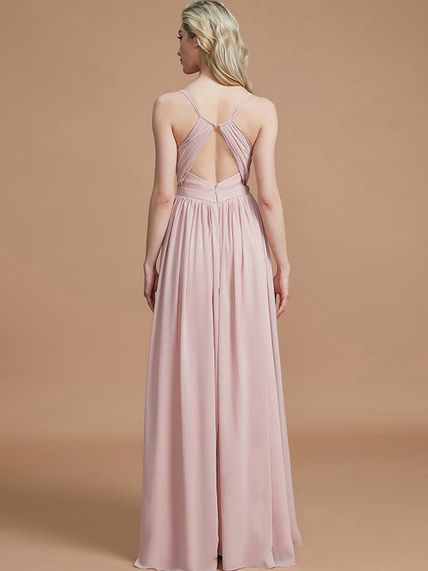 Charming Spaghetti Straps Sleeveless Ruched Chiffon Bridesmaid Dresses-Ballbella