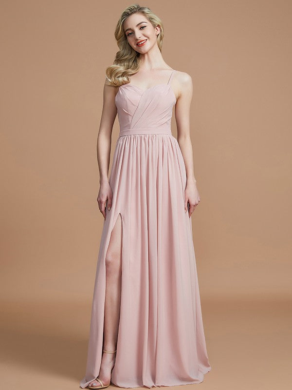 Charming Spaghetti Straps Sleeveless Ruched Chiffon Bridesmaid Dresses-Ballbella