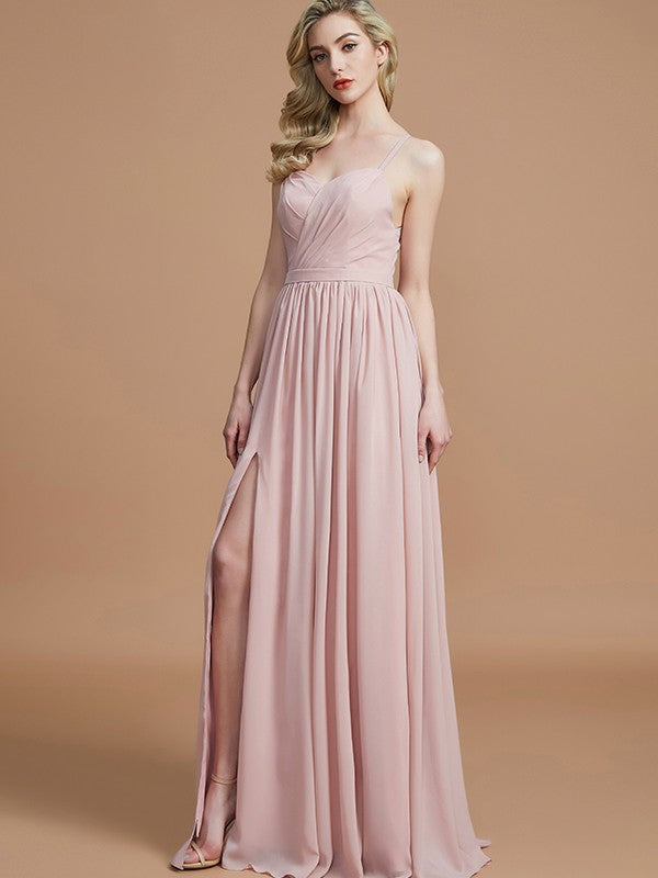 Charming Spaghetti Straps Sleeveless Ruched Chiffon Bridesmaid Dresses-Ballbella