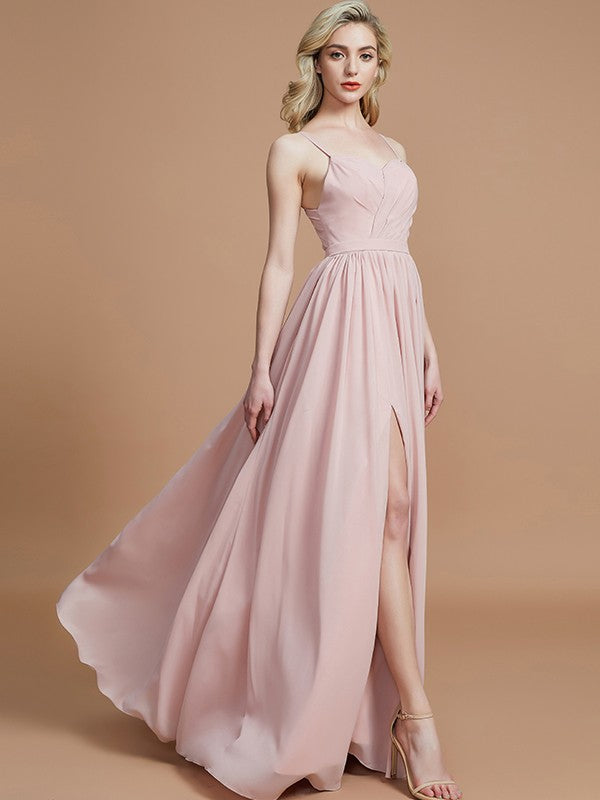 Charming Spaghetti Straps Sleeveless Ruched Chiffon Bridesmaid Dresses-Ballbella