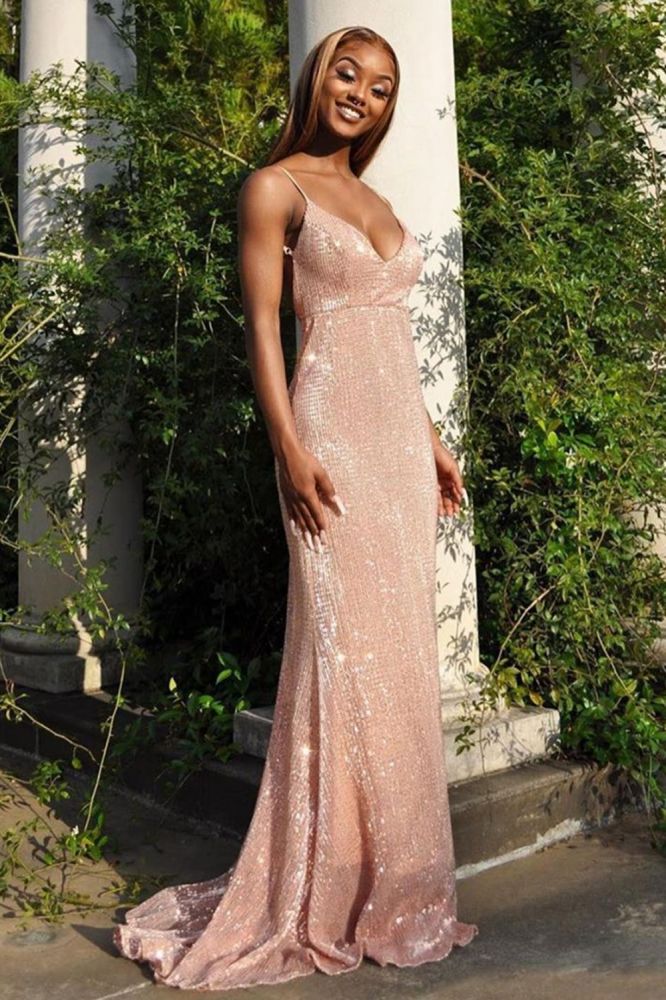 Looking for Prom Dresses, Evening Dresses in Satin, Sequined,  A-line style,  and Gorgeous Sequined work? Ballbella has all covered on this elegant Charming Spaghetti V-Neck Highwaist Sequins Evening Party Dress Prom Formal.