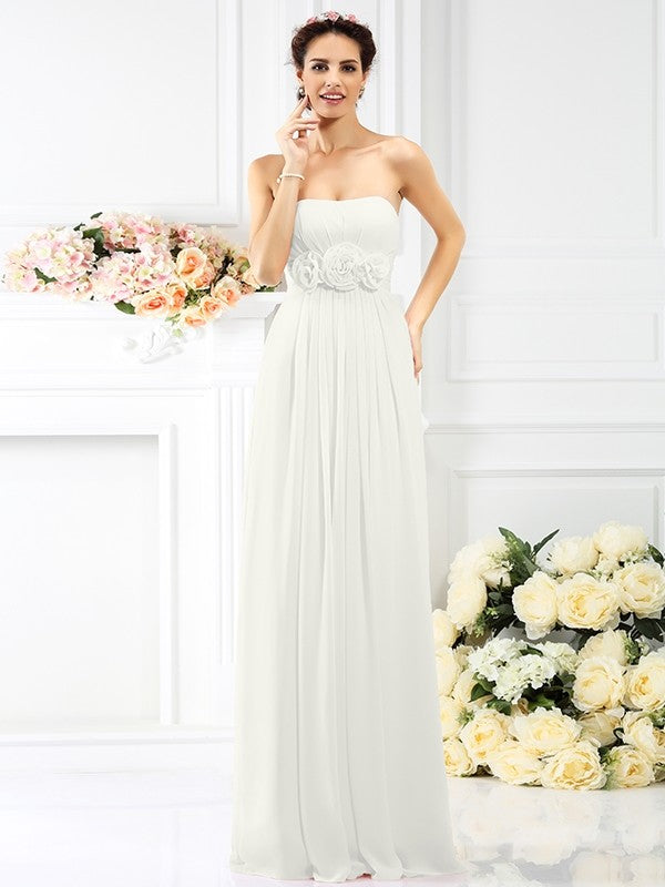 A-Line Charming Strapless Hand-Made Flower Sleeveless Long Chiffon Bridesmaid Dresses