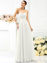 A-Line Charming Strapless Pleats Sleeveless Long Chiffon Bridesmaid Dresses