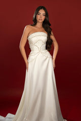 Charming Strapless Sleeveless A-Line Prom Dresses Pearls Long On Sale-Ballbella