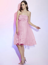 Charming Strapless Sleeveless Hand-Made Flower Short Net Bridesmaid Dresses-Ballbella