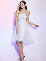 A-Line Charming Strapless Sleeveless Hand-Made Flower Short Net Bridesmaid Dresses