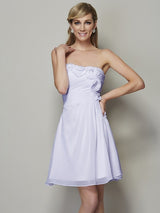 A-Line Charming Strapless Sleeveless Pleats Applique Short Chiffon Bridesmaid Dresses