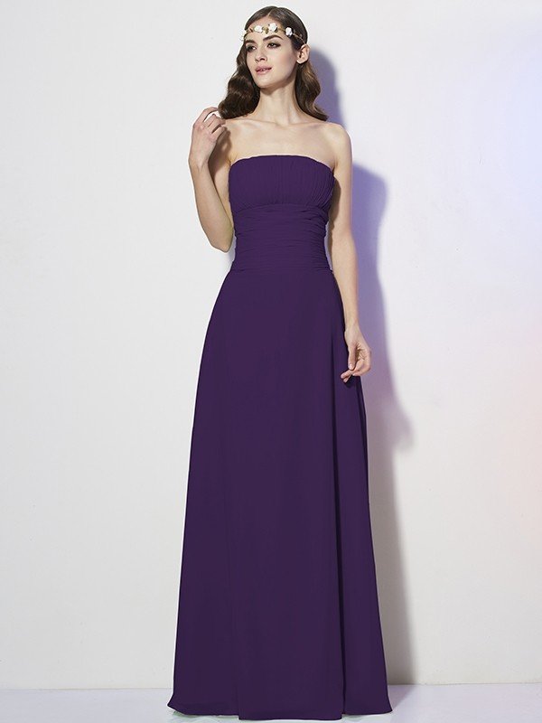 Charming Strapless Sleeveless Pleats Long Chiffon Bridesmaid Dresses-Ballbella