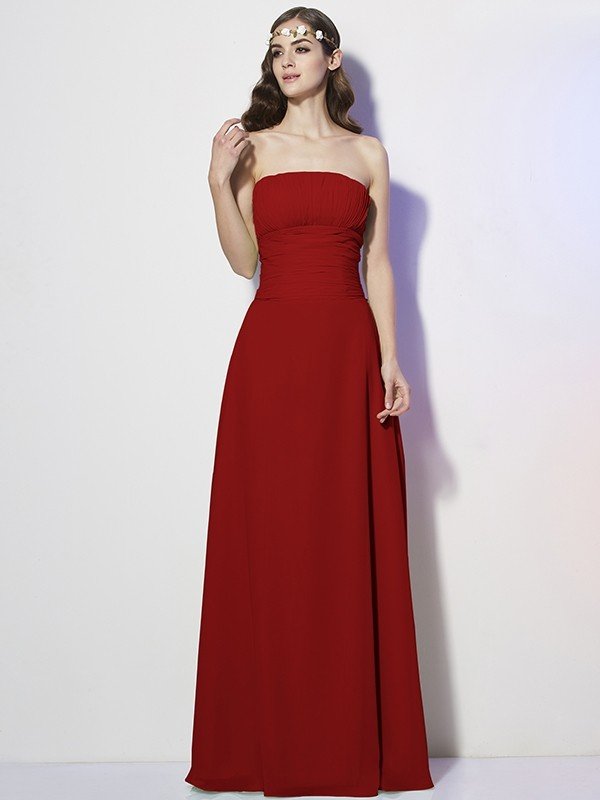 Charming Strapless Sleeveless Pleats Long Chiffon Bridesmaid Dresses-Ballbella